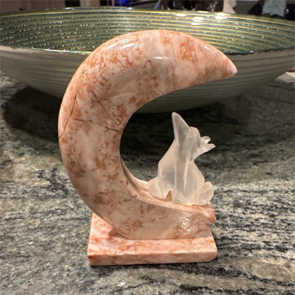 Hand Carved Onyx Wolf Howling at Crescent Moon Figurine Crystal Stone Decor